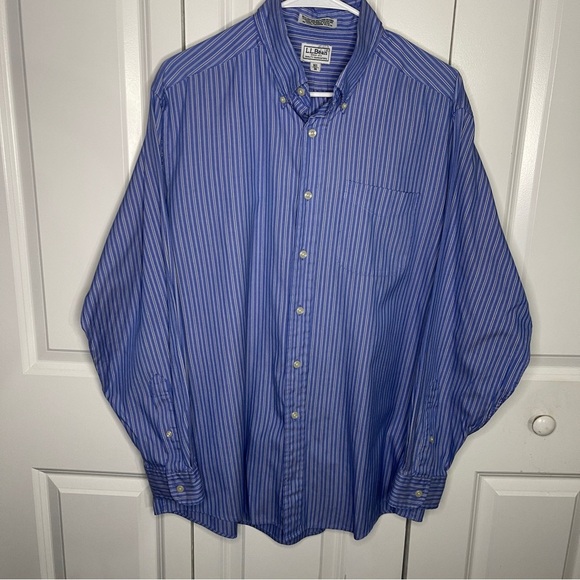 L.L. Bean Single Needle Cotton Button Up Blue Striped Size XL 16.5 34 Retro Soft - Picture 1 of 8